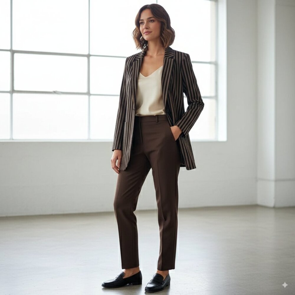 J.ING Jing Brown Stripe Long Casual Blazer Suit Jacket Size Small NWT